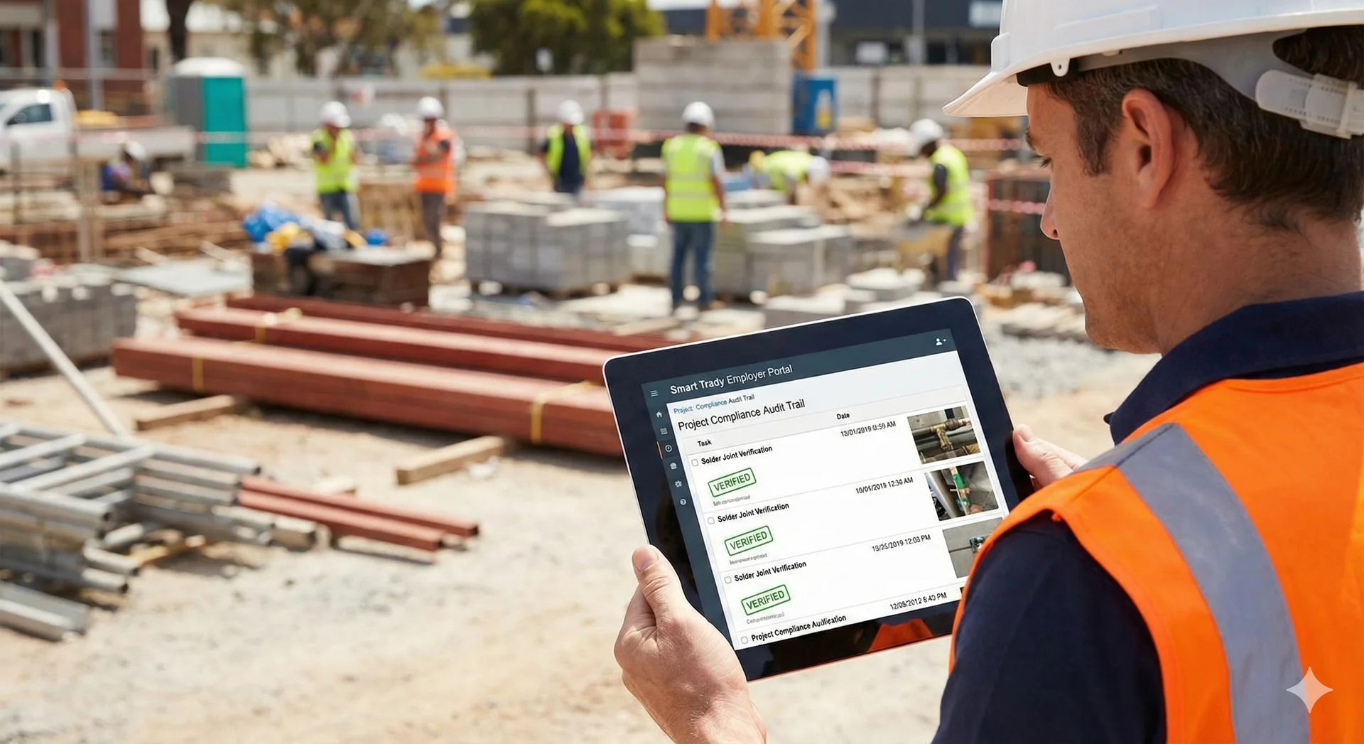 Site manager reviewing compliance logs on a tablet